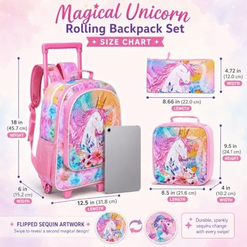Image of CCJPX 3PCS Kids Rolling Backpack for Girls, Unicorn Sequin Roller Wheeled Bookbag Toddler Elementary School Bag with Wheels