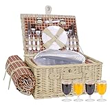 Weidenkorb Picknickkorb für 4 Personen mit Isoliertem Kühlfach und Wasserdichter Decke|Willow Hamper Besteck-Service-Set|große Weiden-Picknickkorb-Sets für Camping im Freien (Braun)