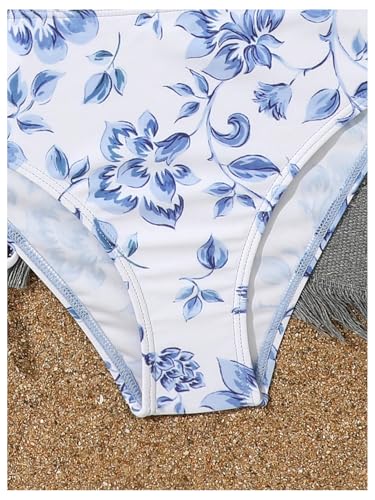 Image of WDIRARA Girl's Floral Print 3 Pieces Beach Bikini Swimsuit with Drawstring Ruched Skirt