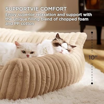 Bedsure ComfyFleeceTM Cute Cat Couch for Pets - As Seen on TV on Good Day New York, Fuzzy Cats beds for Indoor Cats with Removable Washable Cover, Supportive Pet Sofa, 24inch, Sandy Beige