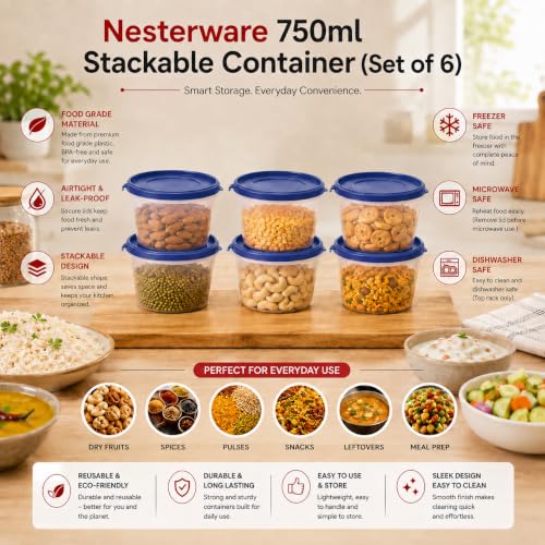 Image of Cutting EDGE Nesterware 750ml Stackable Container (Set of 6, Dark Blue) | BPA-free plastic, stackable design, leak-proof, kitchen storage, pantry, fridge, meal prep, reusable, travel use