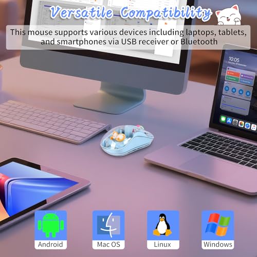 Image of elec Space Cute Wireless USB C Mouse - Bluetooth Triple Mode Rechargeable Cartoon Mouse for Laptops, iPads & MacBook Air /Pro - Silent Operation, Portable Design, Unique Magnetic Character (Blue)