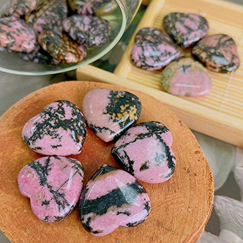 Image of 20 PCS Rhodochrosite Natural Heart Healing Crystals Cute Polished Crystal Black Line Rhodolite Stones Palm Love Heart Pocket Set Reiki Energy Balancing Meditation Valentine's Day Gift Women