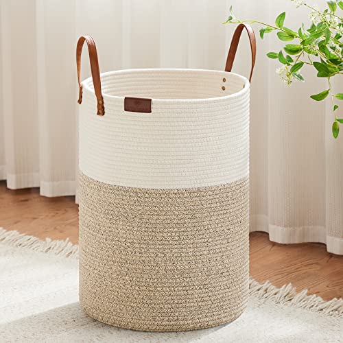 Image of VIPOSCO 72L Tall Woven Rope Laundry Hamper, Leather Handles, White & Brown | Large Wicker Laundry Basket for Dirty Clothes, Blanket, Toy, Towel, Yoga Mat, Storage Bin in Bedroom, Bathroom, Living Room