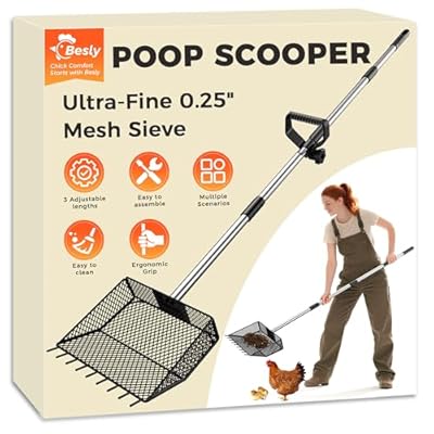 Chicken Poop Scooper & Rake 2-in-1, Sifting Shovel for Chicken Coop, 0.25" Chicken Poop Scooper for Sand with Adjustable Stainless Steel Handle?35" to 62"? for Chicken Coops & Farm Animals Scoop
