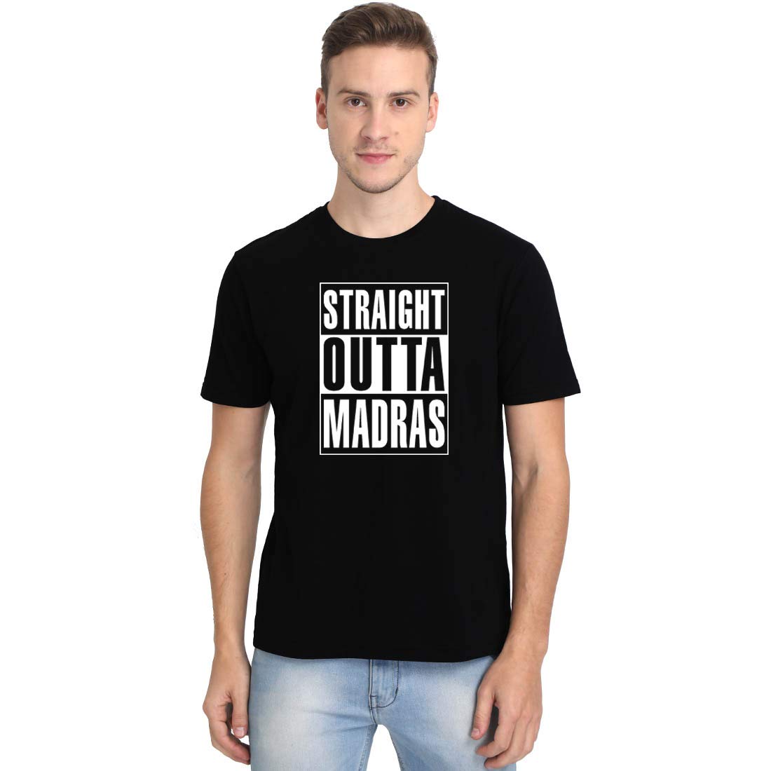 Crazy PunchStraight Outta Madras Men's Black Half Sleeve Round Neck T-Shirt