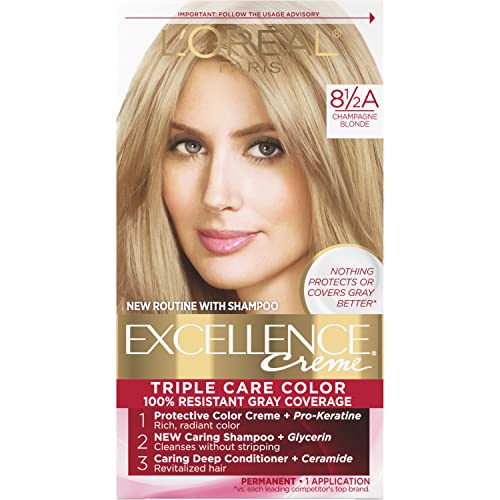 L’Oreal Paris Excellence Creme Permanent Triple Care Hair Color, 8.5A Champagne Blonde, Gray Coverage For Up to 8 Weeks, All Hair Types, Pack of 1