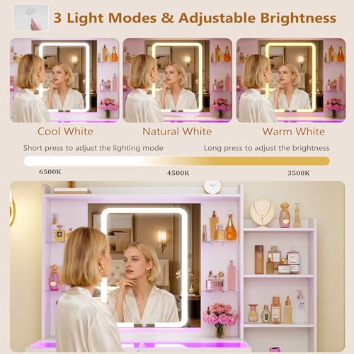 Image of HUAHUU Vanity Desk with Mirror and Lights 3 Colors, 43.3 inch Makeup Vanity with Glass Top & RGB Light, White Vanity Table Set with Stool, 5 Drawers & Power Outlet for Bedroom Dressing Room