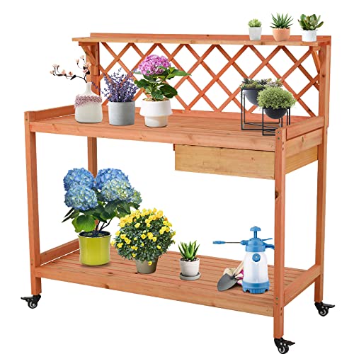 image for Lawnion Garden Potting Bench, Wooden Planting Table with Wheels, Outsi
