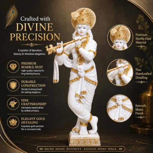 Image of ARMONIA Lord Krishna Idol Marble Dust Statue Murti |Krishana Sculpture for Home Decor,Pooja ghar,Mandir & Gifting Item |Best Gift for Wedding & Housewarming(25 inch,White) (Include Microfiber Cloth)