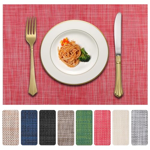 LANDVIEW Vinyl Placemats Set of 6, PVC Woven Washable Non-Slip Table Mats, Heat Resistant Wrinkle Free Place Mats for Dining Table, Easy to Clean (6, Red)