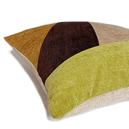 Image of Encasa XO Chenille Cushion Covers (Pack of 2) with Patchwork 45x45 cm - Mix & Match Pillow Covers in Bright Colours for Living Room, Sofa, Bedroom - Mustard