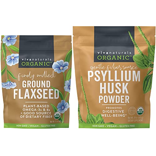 Viva Naturals Organic Superfood Bundle - Unflavored Psyllium Husk Powder (24 oz) and Ground Flaxseed (15 oz), Non-GMO and Certified USDA Organic