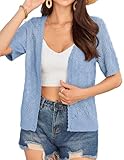 GRACE KARIN Women's Short Sleeve Cardigans Sweaters Summer Lightweight Shrugs Crochet Button Knit Clothes Light Blue L