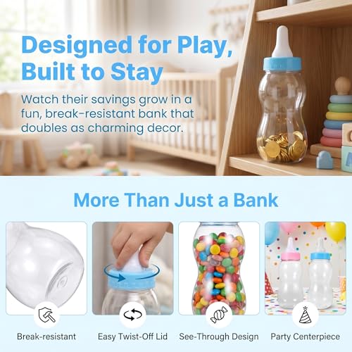 Image of Housoutil Nursing Bottle Shape Piggy Bank Transparent Coin Storage Bottles 11.02in Clear Plastic Money Jar for Candy Snacks Dry Food 2 pcs for Baby Shower Wedding Birthday Party