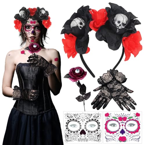 Diadema del Día de Muertos, Diadema Halloween Mujer con Tatuaje Cara Temporales, Guantes de Encaje y Flor Falsa, Diadema de Corona de Flores Mexicanas, Diadema Flores Mexicana para Carnaval Halloween