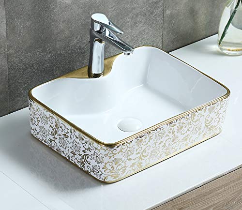 Image of InArt Designer Ceramic Wash Basin /Vessel Sink /Over or Above Counter Top Wash Basin for Bathroom Rectangle Shape Golden White 19 x 14 x 5 Inch