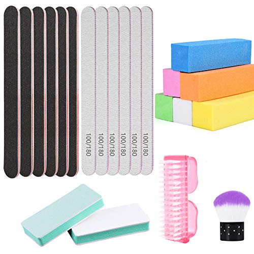 22Pcs Nail File and Buffer Professional Manicure Pedicure Tools Kit Nail Buffer Sanding Blocks 100/180 Grit Emery Board Fingernail Scrub Cleaning Brush Kabuki Brush Nail Art Care for Gel Acrylic Nail