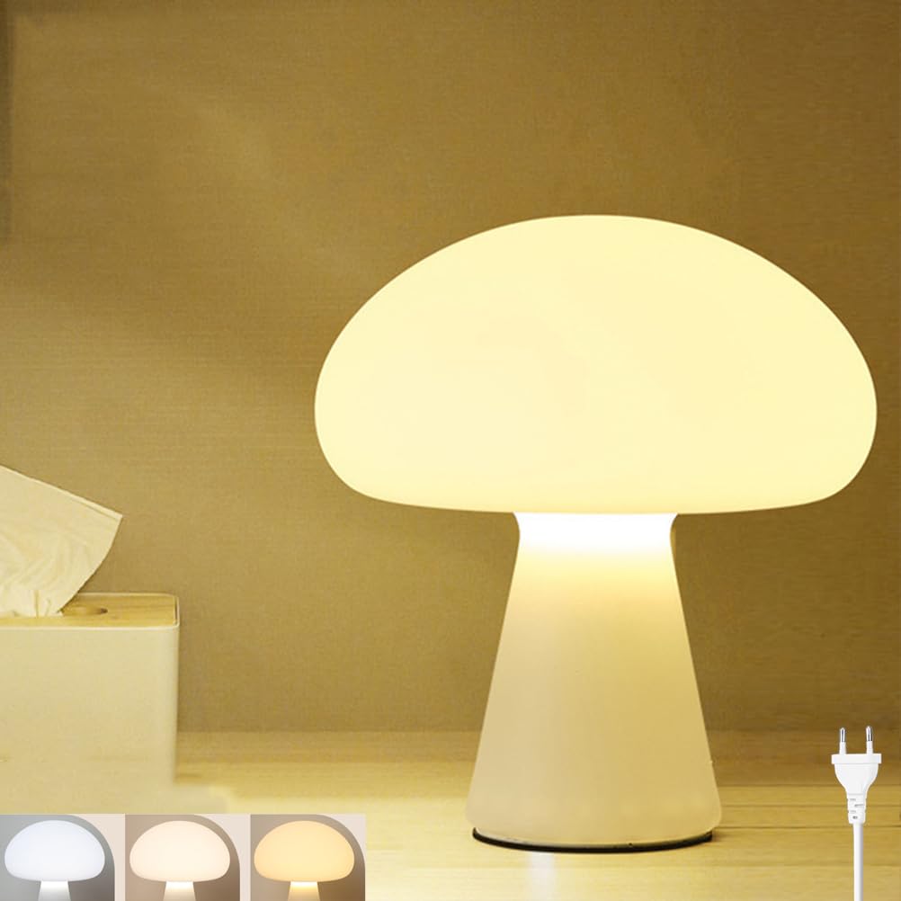AoLa LED Pilz Lampe Pilz Tischlampe mit Schalter und Stecker Moderne 3 Farben 3000K/4000K/6000K lnnen Tischleuchte Weiß Mushroom Lampe Nachttischlampe Deko Nachtlicht für Schlafzimmer Restaurant