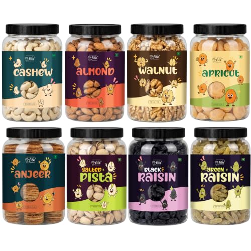 Image of LILA DRY FRUITS Dry Fruits Combo Pack Almonds, Cashews, Walnuts, Pistachios, Anjeer, Apricots, Green Raisins & Black Raisins 100 Gms x 8 Perfect for Gifting