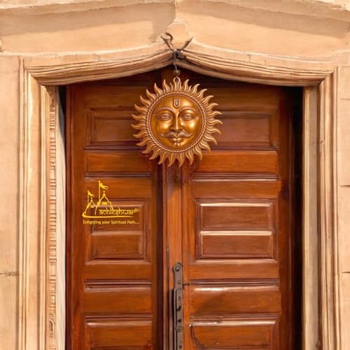 Image of Achleshwar Surya Dev Copper Wall Hanging Sun God Face Idol for Home Entrance Vastu Puja Decor for Wealth Positivity Energy Protection 9 cm