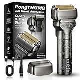 PongTHUMB Electric Foil Shaver for Men: Rechargeable Razor with Push-Up Trimmer for Face - Cordless Wet/Dry/Anti-Slip Waterproof Shavers with LED Display - Metal Handheld Design, Gray Silver