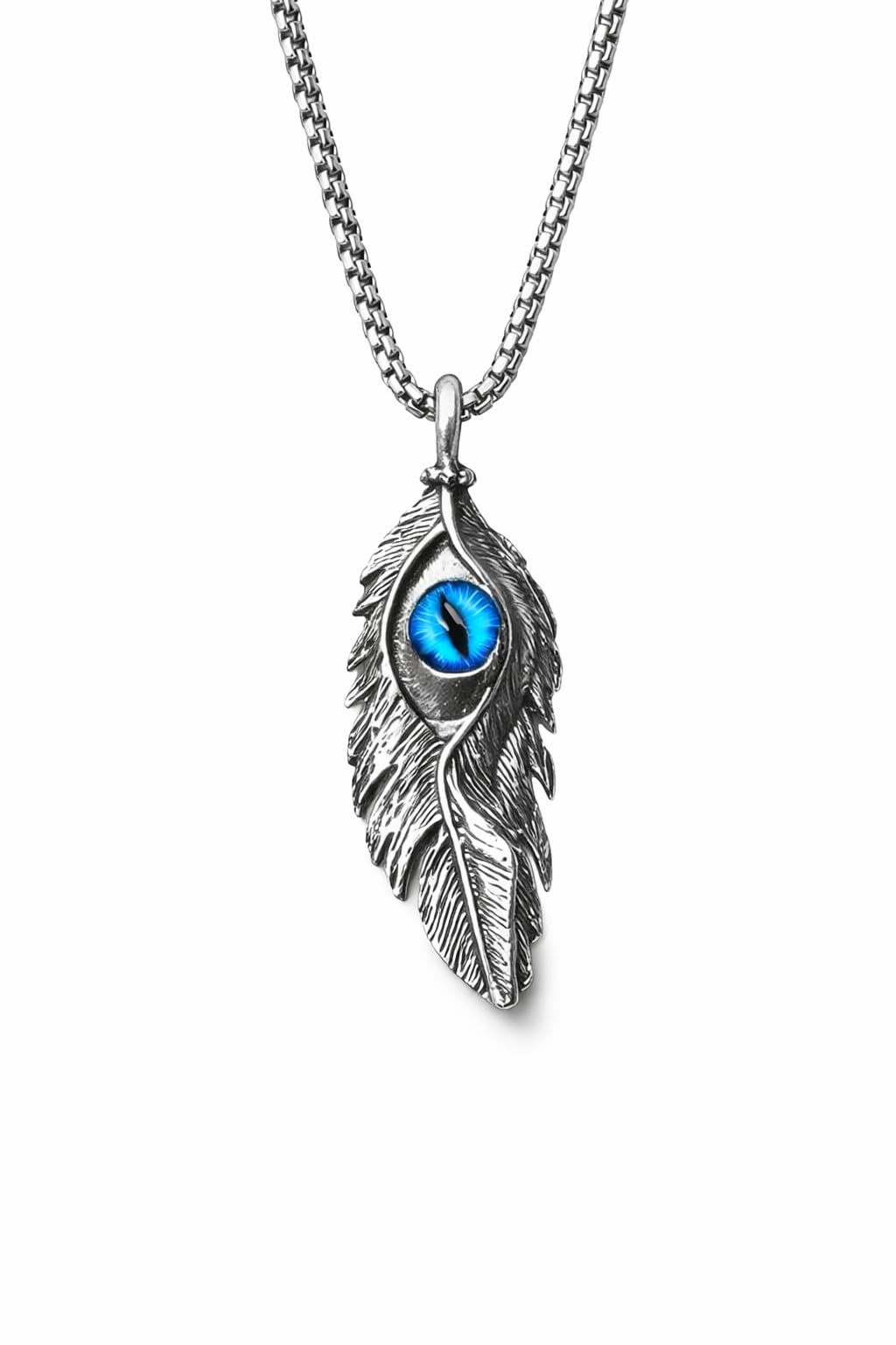 Vintage Blue Evil Eyes Fashion Men's Necklace, Feather Stainless Steel Pendant Necklace Jewelry for Boy Girl, Gifts Necklace for Men Women Party Jewelry
