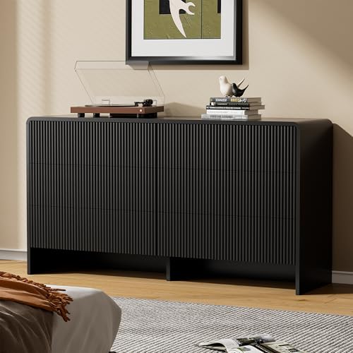 Image of Furniway Bedroom Dresser Set 3 Piece, 6 Drawer Curved Dresser with 2 Nightstands, Modern Fluted Wood Storage Cabinet, White Chest of Drawers with Pop-Up Design, Black