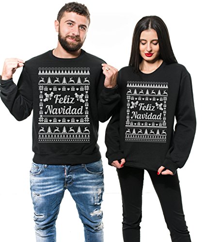 Silk Road Tees Feliz Navidad Merry Christmas Couple Matching Sweaters Fleece Sweater Men Large - Women XL Black