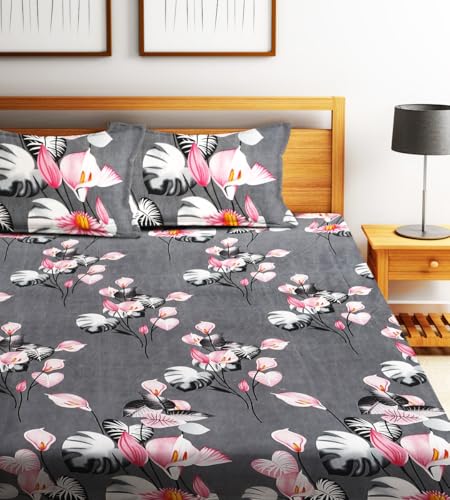 Image of Fashion String 144TC Microfibre Tropical Floral Print Charcoal Grey Double Bedsheet with 2 Pillow Covers