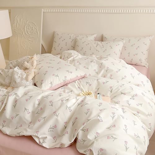 Bettwäsche 135x200 Baumwolle Rosa Weiß Tulpen Blumen und Kissenbezug 80x80 – Ansicht 3