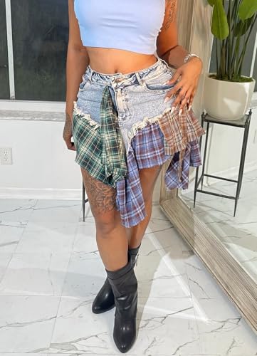 Women's Summer High-Waisted Elastic A-Word Cargo Jean Skirt Plaid Patchwork Irregular Mini Denim Skirt3
