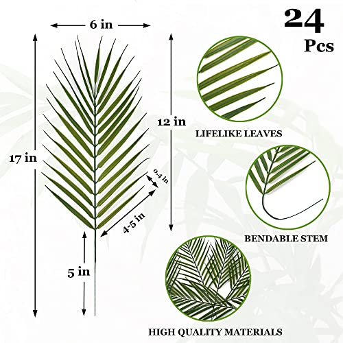 Artificial Palm Leaves 24 Pcs，17" Faux Fake Palm Fronds With Stem Greenery Tropical Palm Tree Leaf，Palm Branches For Palm Sunday Flower Arrangement Hawaiian Jungle Beach Party Wedding Decorations #TOP1