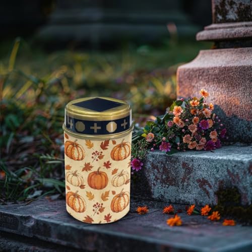 Image of Poceacles Solar Powered Flameless Candle Cemetery Votive Candles Waterproof Outdoor Memorial Solar Stake Lights Home Outdoor Decoration, Pumpkin Fall Leaf Beige, Set of 6