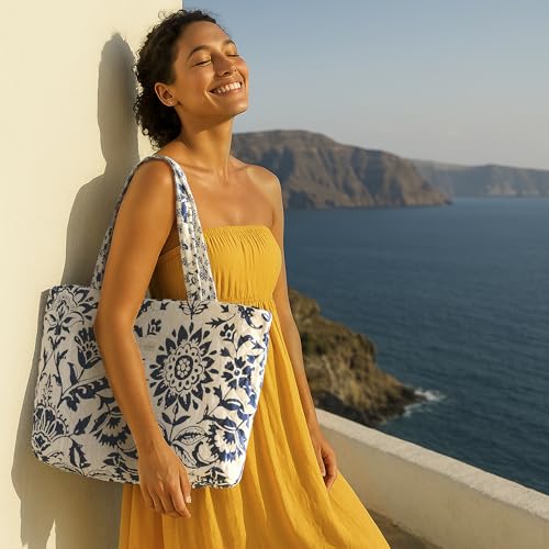 Bolso Tote Clara Azul y Blanco Floral Reversible miniatura 2