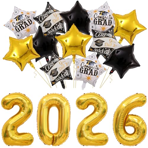 16 Pcs Graduation Decorations 2026 Balloons Kit 32 Inch 2026 Number Foil Balloon Black Gold White Congrats Grad Party Decor Supplies for Prom Class School College Graduate Congratulations