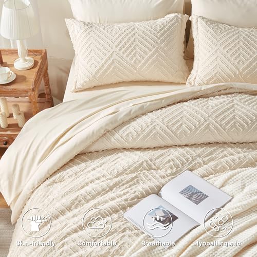 Image of Zzlpp Queen Comforter Set 7 Pieces, Cream Tufted Bed in a Bag with Comforter and Sheets, All Season Boho Bedding Sets with 1 Comforter, 2 Pillow Shams, 2 Pillowcases, 1 Flat Sheet, 1 Fitted Sheet