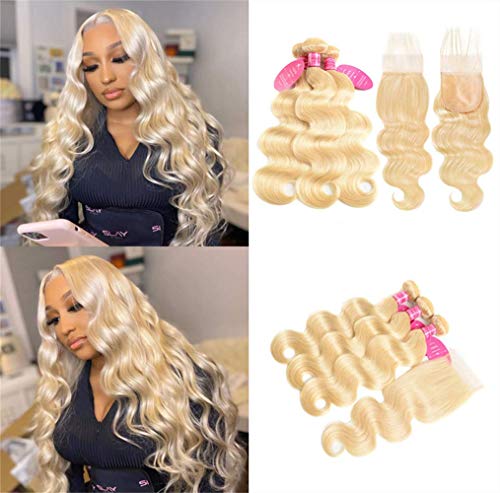 613 Blonde Bundles with Closure Brazilian Body Wave 3 Bundles with Closure Blonde Human Hair Bundles with PU Silk Base Closure Fake Scalp Human Hair With Closure(18 20 22+16, 613#)