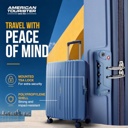 Image of American Tourister Cleva S | Luggage Trolley Bag (67 cm) | 360 8 Wheel Travel Luggage | 2 Compartments | Hard Luggage Polypropylene Suitcase | Mounted TSA Lock | 3 Years Warranty | Blue & Navy Blue