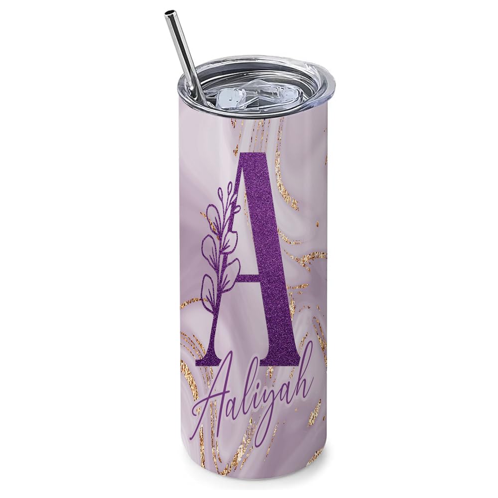Getagift Personalised Initial with Name, Glitter Marble Alphabet, Gift for Girls, 20 OZ Stainless Steel Skinny Tumbler, Double Walled Vacuum Insulated with Closed Lid and Metal Straw.