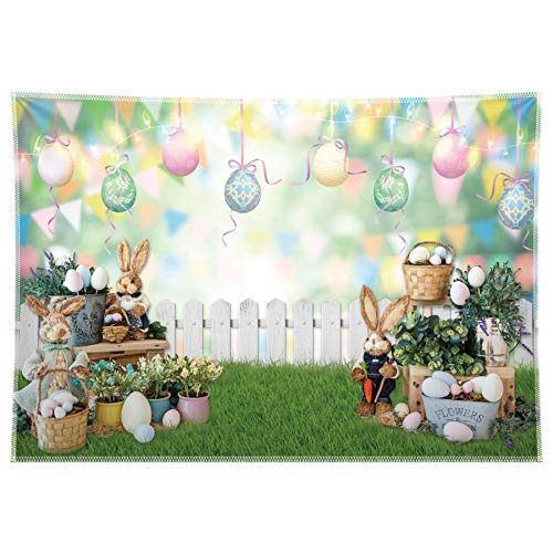 Allenjoy 8x6ft Durable Fabric Easter Backdrop Spring Garden Flower Stand Fence Eggs Green Grass Colorful Bokeh Photography Background Floral Bunny Decoration Kids Newborn Baby Portrait Photo Booth