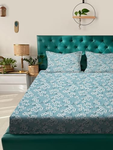 Image of ROSARAHOME 180 TC Microfiber Flat Queen Size Double Bed Bedsheet with 2 Pillow Cover| Bedsheet:240cmx225cm Pillow Covers:45cmx70cm,Floral Blue
