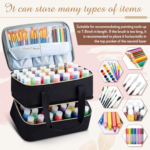 Image of Abbylike Acrylic Paint Organizer Case for up to 56 Bottles (2 Oz) Double Layer Art Supply Storage Bag Alcohol Ink Storage Paint Carry Case with Foam Insert and Inner Pocket(Black)