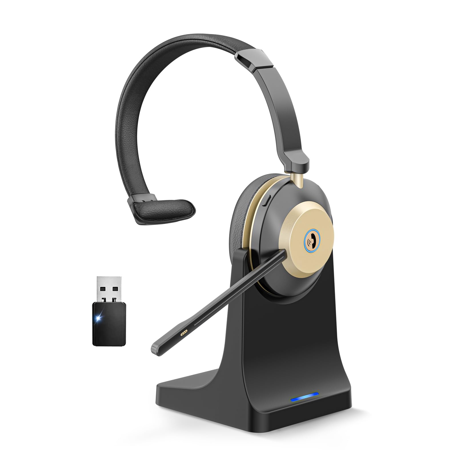 V5.3 Bluetooth-Headset mit Mikrofon für PC, Kabelloses Headset mit Mikrofon Rauschunterdrückung & USB-Dongle, 45 Std. Akku, Ladestation, Stummschaltung für Computer/Büro/Meeting/Call Center/Office