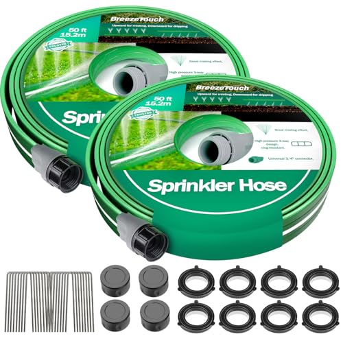 Breeze Touch 2X50FT Sprinkler Hoses for Lawn, Three-Tube Flat Sprinkler Hose with Holes, Heavy Duty...