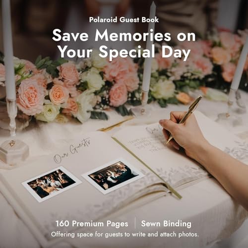 Image of Linen Embroidered Photo Wedding Guest Book - Premium Hardcover Pink Polaroid Guestbook for Wedding Reception, Baby Shower, Bridal Shower, Funeral, Graduation -160 Pages for Notes 10.25 inch x 8.25 inch
