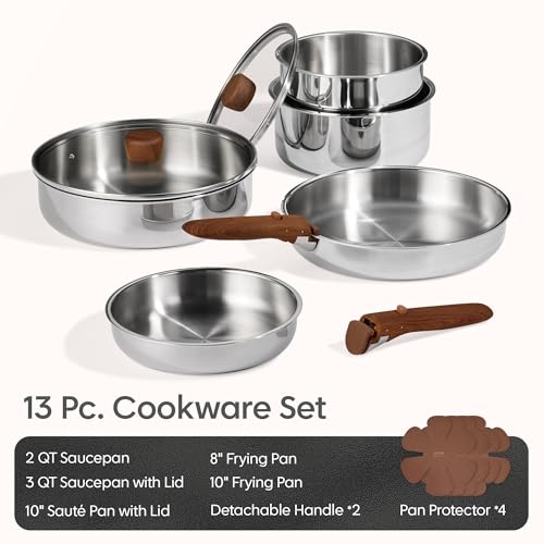 Image of CAROTE 13 PCS Tri-Ply Stainless Steel Cookware Set with Detachable Handle, Pots and Pans Set, Induction Kitchen Cooking Sets, RV /Camping Cookware, Oven Safe