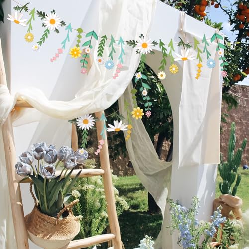 Image of Flower Leaves Banner Paper Flower Garland Paper Wildflower Party Decorations Floral Daisy Banner for Wall Decoration Spring Garden Backdrop Wedding Decor