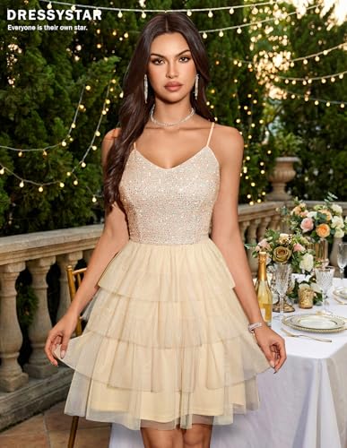 Image of Dressystar 2026 Women's Tiered Sparkly Sequin Glitter Formal Prom Dress Mini Spaghetti Strap Tulle Cocktail Party Dresses