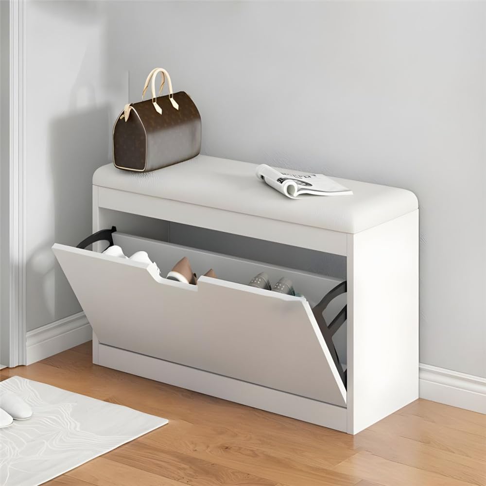 NIUYAO Storage Bench Modern Wooden Shoe Storage Bench with Flip-up Doors Storage Space and Padded Cushion 1-Tier Shoe Rack Organizer -White 20" L x 7"